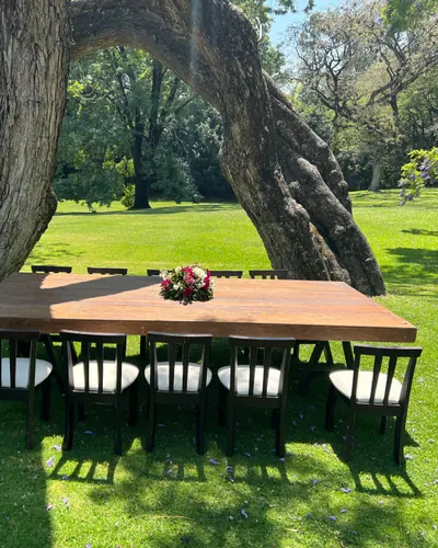 Mesa rectangular de madera rústica con sillas de madera oscura y asiento blanco, bajo un árbol en un jardín
